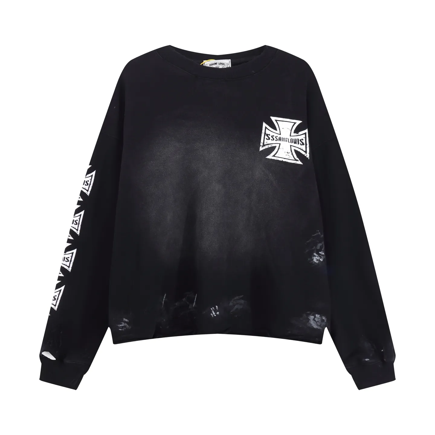 Style No. S555 P260💰 (450g version) SSSAINT LOUIS cross medal pattern printed distressed round neck sweatshirt. Original terry feel, light fleece, soft and thick texture, 450g pure cotton fabric, original cut loose board, high-end short upper body oversize, no hem thread to make the natural curling more stylish. The craftsmanship is hand-made destruction + hand-painted graffiti, horse spray and other processes.             Loose fit, same style for men and women. Size: S-XL